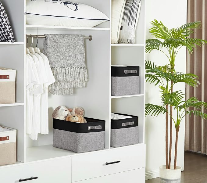 DECOMOMO Storage Bins, Extra Large Fabric Storage Baskets for Shelves 3Pack | 15.8 x 12.5 x 10 inches Decorative Linen Closet Organizers (Grey & Black)