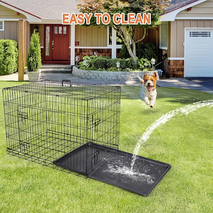 30/36/42 Inches Double Door Dog Crate Folding Metal Wire Dog Kennel Cage with Tray for Small/Medium/Large Dogs Indoor Outdoor Travel Use