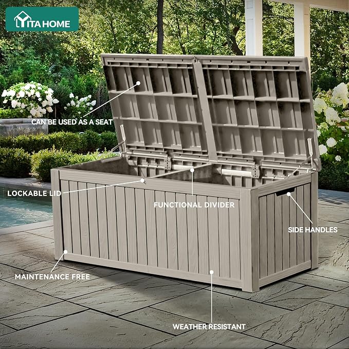 YITAHOME 180 Gallon Large Deck Box w/Divider | XL Waterproof Outdoor Storage for Patio Furniture,Outdoor Cushions, Garden Tools, Sports Equipment and Pool Supplies, Resin