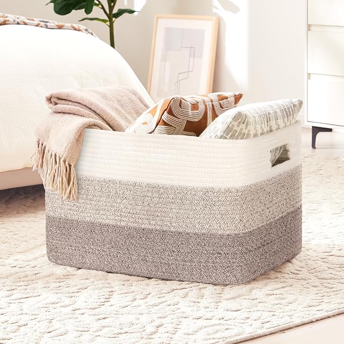72L Large Woven Laundry Basket Hamper with Handles, Gradient Brown | collapsible wicker hamper, storage for dirty clothes, toys, blankets, gifts, living room, bedroom, bathroom, 22"x17"x12"