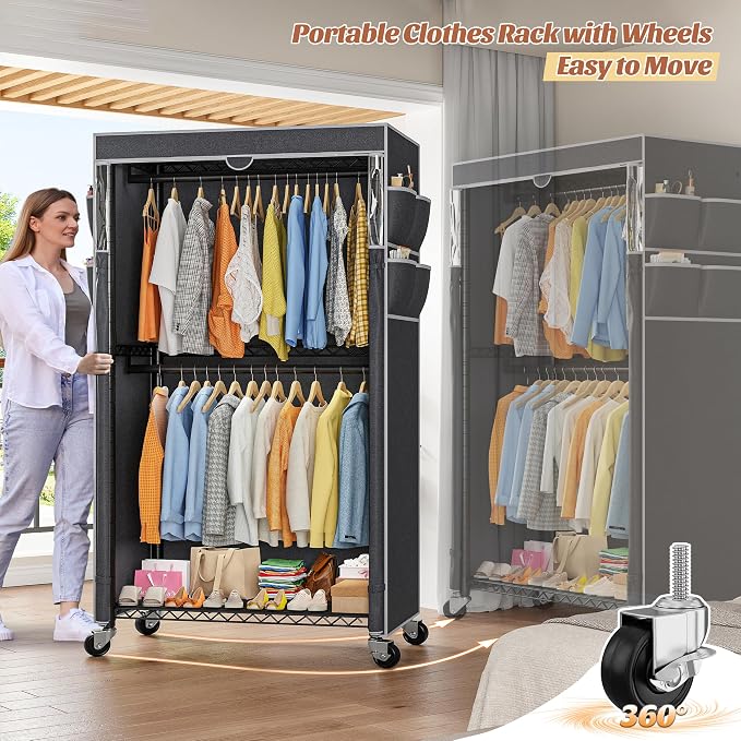 Raybee Clothes Rack with Cover, Rolling Portable Closet, 2 Rods & 2 shelves | Heavy Duty, Tool-free Assembly, Adjustable, Lockable Wheels, Freestanding, Covered, Zippered, Saving Space for Bedroom,Dorm