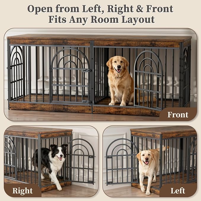 EasyCom 72" Wooden Double Dog Crate Furniture for 1-2 Dogs | Removable Divider, Retro Round Door, Fits Medium & Large Dogs, End Table TV Stand