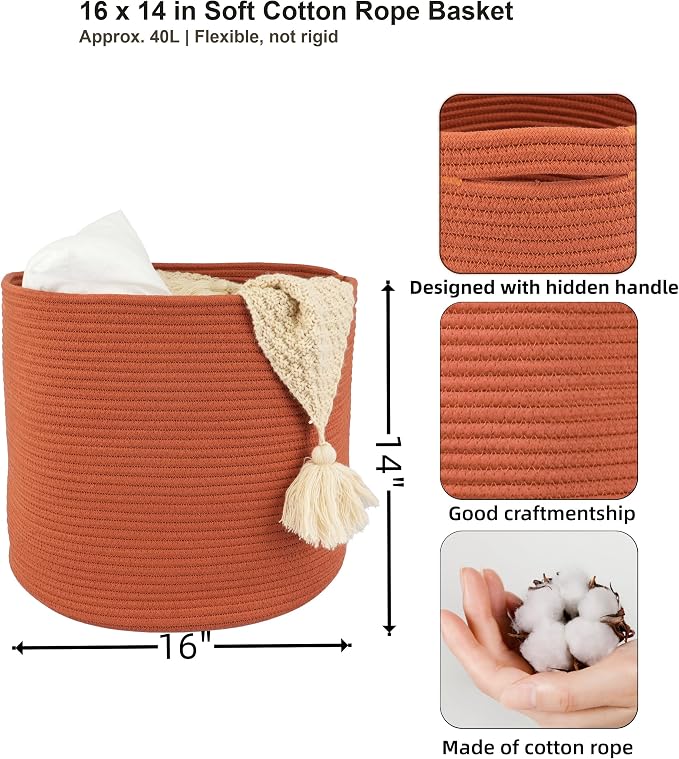 XUANGUO Cotton Rope Basket For Girls Boys Kids 16”X14” rustic | Baby Laundry Baskets, Blanket Basket, Nursery Bin; Round Woven Basket Organizer for Toy Storage, Blankets, Shoes and Clothes