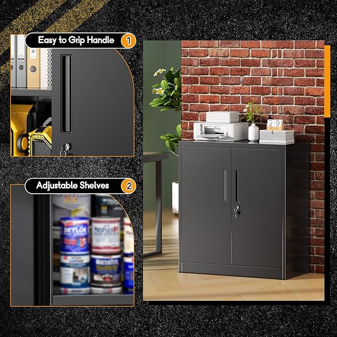 Greenvelly Metal Storage Cabinet, 36" Locking Storage Cabinet with Doors and Shelves, Lockable Storage Cabinets for Home Office, Utility Locker Cabinet, Steel Garage Cabinet with 2 Keys, Black