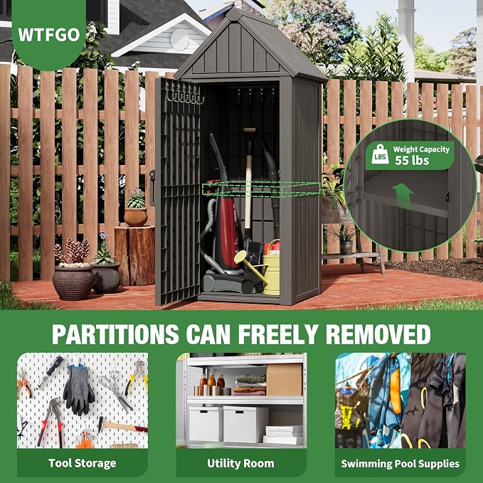 Vertical Outdoor Storage Shed, Waterproof Resin Outdoor Storage Cabinet with Removable Shelves & 12 Hooks, Lockable Small Tool Shed for Garden, Backyard, Patio, Pool, Classic Gray