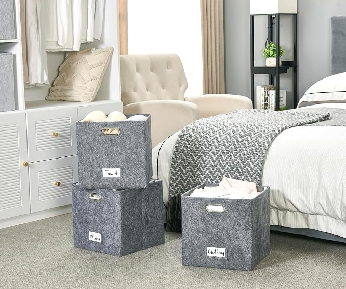 DECOMOMO Felt Storage Bins, 13x15x13 Storage Cube Bins with Labels | 3 Pack Storage Baskets for Shelves, Kallax (Dark Grey)