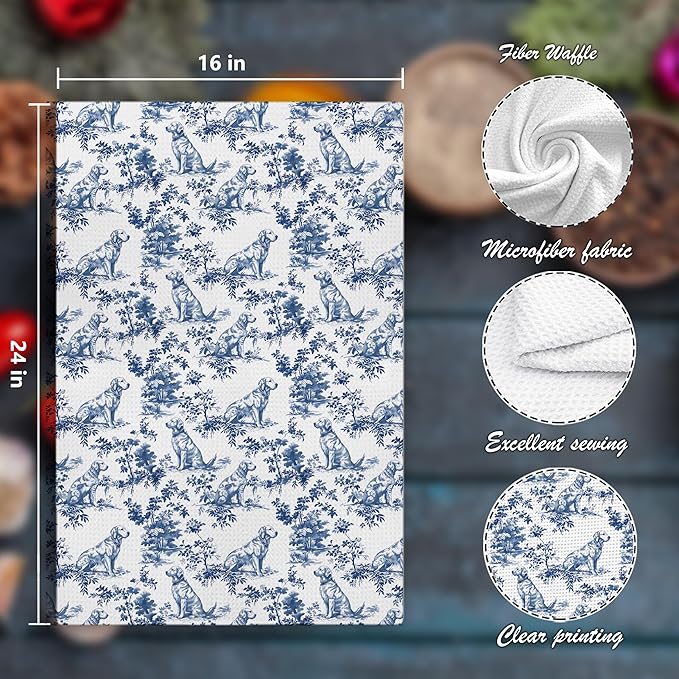 Chinoiserie Golden Retriever Kitchen Towels Set of 4,Blue and White Golden Retriever Floral Decorative Dish Tea Towels,Grandmillennial Botanical Dog Hand Towels for Kitchen Bathroom, 16x24 Inch