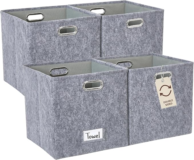 DECOMOMO Felt Storage Bins, 13 inch Cube Storage Bin with Labels | 4 Pack Storage Baskets for Shelves, Kallax (Dark Grey)