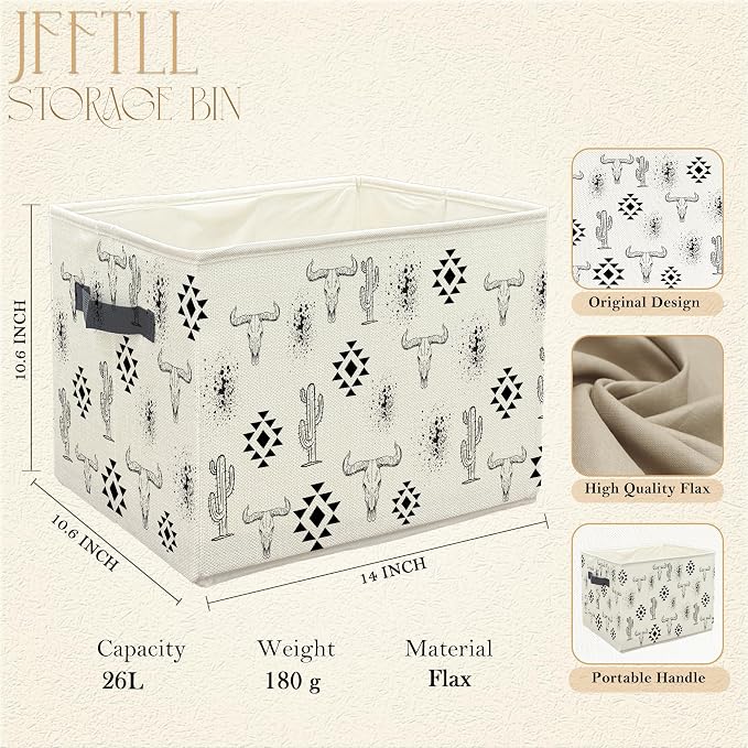 Western Storage Bins with Handles, Western Room Decor, Southwest Country Aztec Cactus Bull Skull Collapsible Laundry Basket Storage Box for Home Bedroom Bathroom Clothes Toys Books
