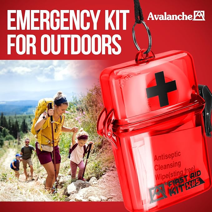 Avalanche Mini First Aid Kit, 30 Pcs Emergency Supplies Kit in Waterproof Case for Home, Car, Travel, Sports or Camping, First Aid Kit in Hard Case & Carabiner, Red