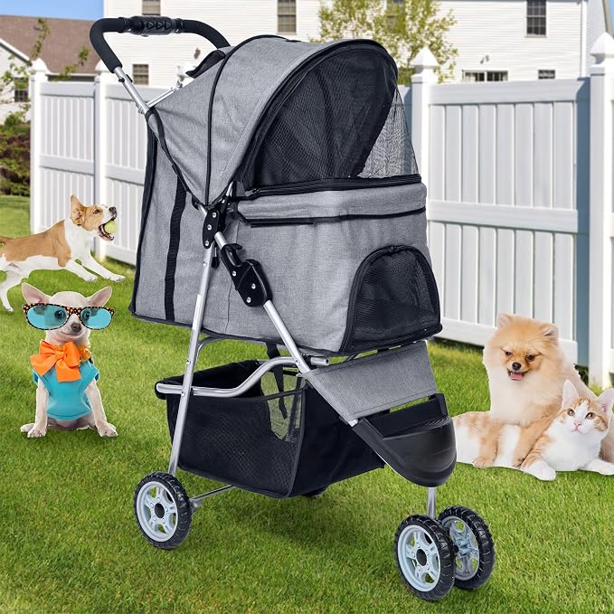 BLKMTY 3 Wheels Dog Stroller, Foldable Stroller for Cat, Dogs Waterproof Travel Carrier Strolling Cart for Puppy Small Dog Jogger Strollers W/Cup Holder & Storage Basket, Grey