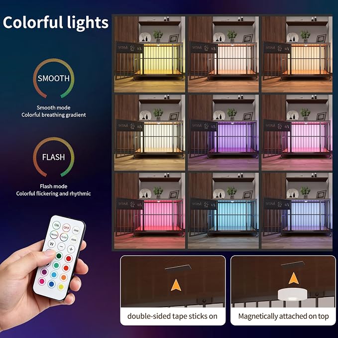 39" Foldable Dog Crate Furniture for Medium Dogs, Walnut | Wooden Construction, RGB Ceiling Lights, Silent Casters, Tabletop as End Table TV Stand