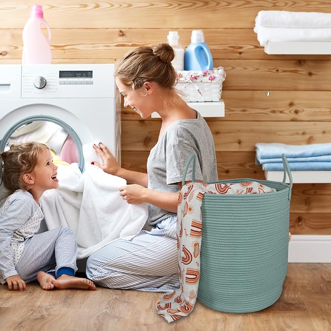 XUANGUO Cotton Rope Laundry Basket Hamper for Clothes Large Light Green | Baby Nursery Hamper Bin and Woven Storage Basket for Living Room Bedroom Boho Tall Rope Baskets Blankets Toys Pillows Towels