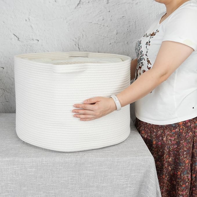XUANGUO Extra Large Cotton Rope Round Storage Basket 22" x 14" White | Woven basket for blankets, toys, towels, laundry, nursery, living room and pet toy storage.