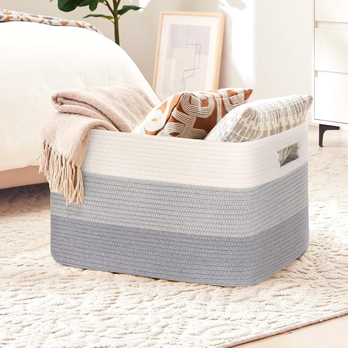 86L Large Woven Laundry Basket Hamper with Handles, Gradient Grey | collapsible wicker hamper, storage for dirty clothes, toys, blankets, gifts, living room, bedroom, bathroom, 24"x16"x14"