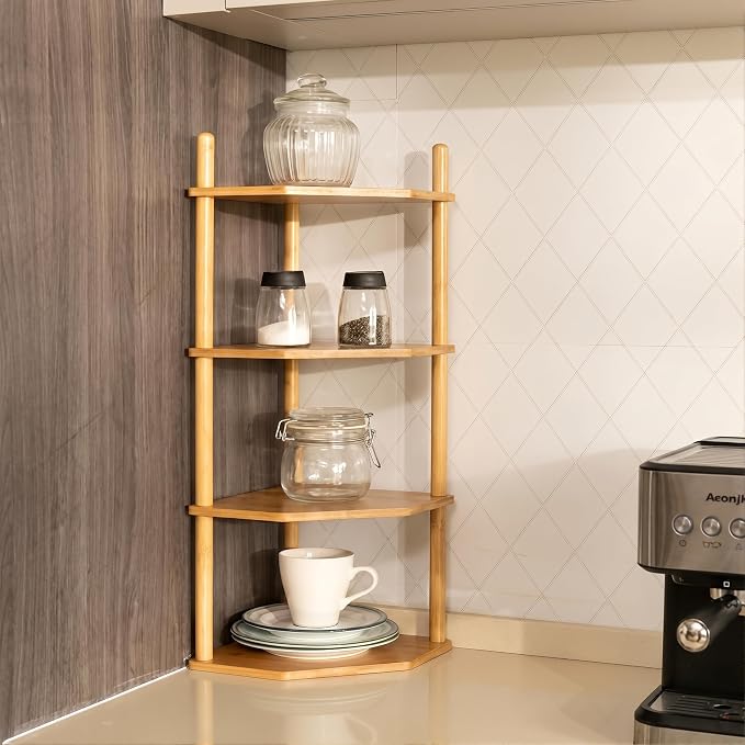 4-Tier Bamboo Corner Shelf,Kitchen Countertop Organizer,Corner Countertop Organizer Shelf, Coffee Bar Organizer,Coffee Bar Accessories,for Kitchen, Pantry, Organizers and Storage,White