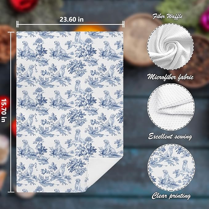 Chinoiserie Floral Golden Retriever Kitchen Towels Set of 2,Blue and White Golden Retriever Decorative Dish Tea Towels,Grandmillennial Botanical Dog Hand Towels for Kitchen Bathroom,16x24 Inch
