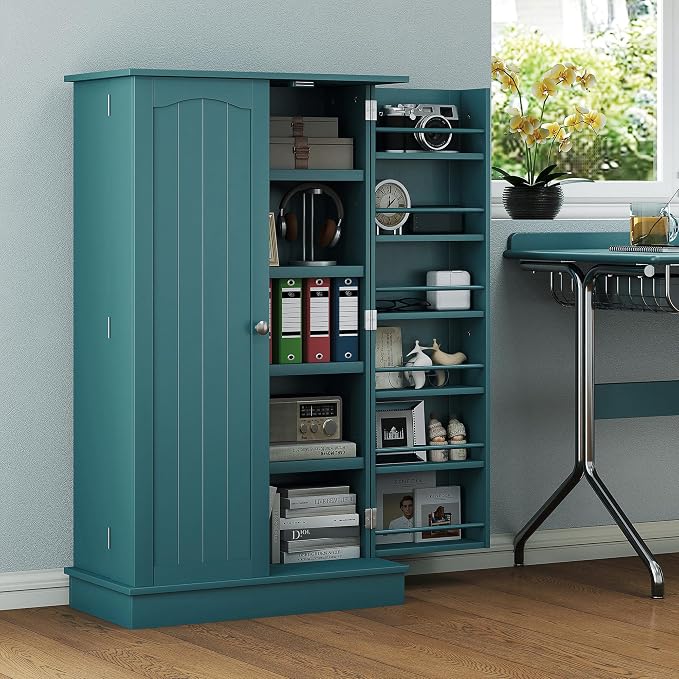 HOMCOM 41" Kitchen Pantry Storage Cabinet 12 Door Shelves Double Doors Blue | Freestanding Kitchen Cabinet, 2 Doors, 5-Tier Shelving, Adjustable Shelves