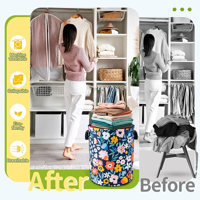 Folk Floral Art Laundry Basket Foldable Waterproof Hamper 18.9 x 16.5 Inch | Oxford Cloth With Reinforced Handles Lining Design Large-Capacity Storage For Bathrooms/Laundry Rooms/ Living Rooms/Bedrooms