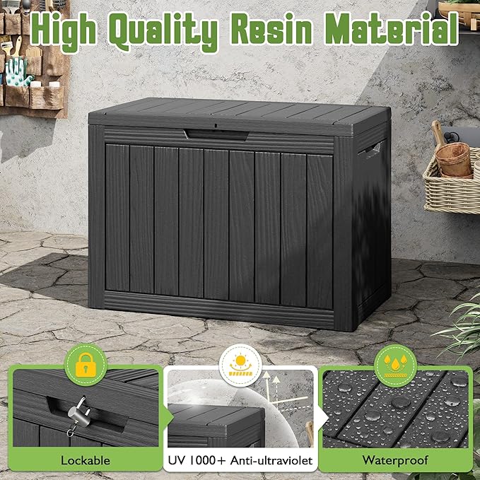 55 Gallon Outdoor Storage Box, All-Weather Resin Deck Box Outdoor Waterproof with Lockable Lid for Patio Cushions, Package Deliveries, Garden Tools, Pool Supplies, Black