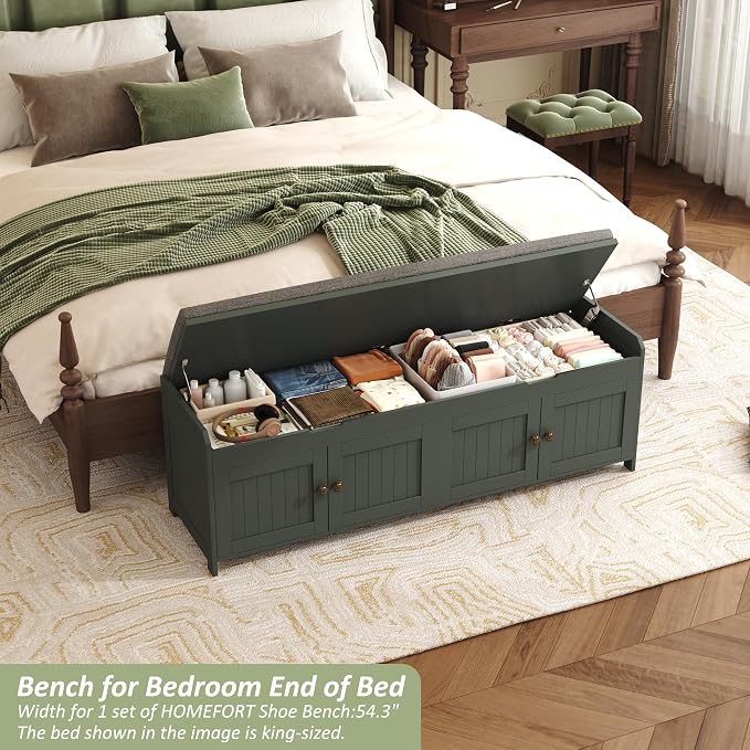 HOMEFORT 54.4" Shoe Bench with Lift Top Storage, Entryway Bench with Cushioned Seat, Wooden End of Bed Bench, Shoe Cabinet Bench with Hidden Storage Space, for Bedroom, Hallway,Green