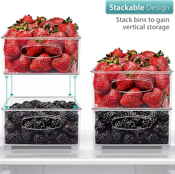 Sorbus Fridge Organizers and Storage, Clear Stackable Bins (Medium, 6 Pack) | Built-in grips support easy access and transport; plastic containers organize food in freezers, drawers and countertops.