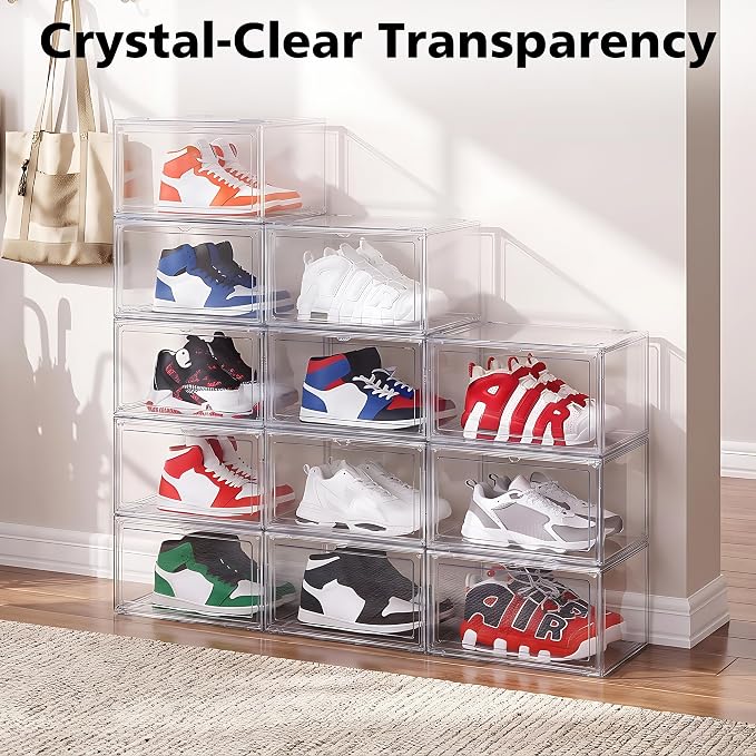 NYZE 12 Pack Acrylic Shoe Boxes Side Open, Clear Shoe Box Plastic Stackable, Shoe Storage Organizer with Magnetic Door, Shoe Display Shoe Containers with Lids Fits Up to Size 15