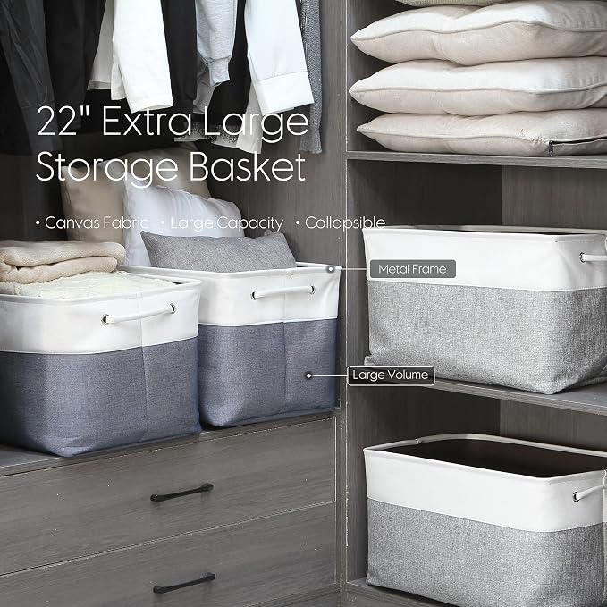 Sea Team Large Rectangle Canvas Open-Top Storage Baskets, 3-Pack | Collapsible Fabric Storage Bins with Handles, Closet Shelf Organizers, 15 x 10 x 10 Inches, Denim & White