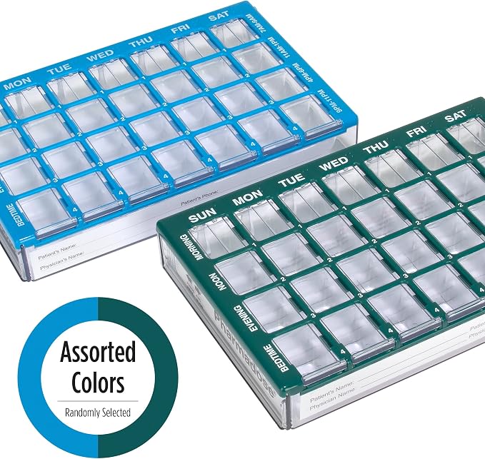 EZY DOSE Weekly (7-Day) Pill Organizer, Vitamin and Medicine Box, Medium Compartments with Easy Fill Tray, 4 Times a Day, Clear Lids, Color May Vary, BPA Free
