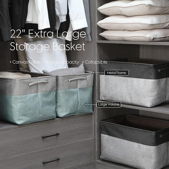 Sea Team Oversized Rectangle Canvas Open-Top Storage Baskets, 3-Pack | Collapsible Fabric Storage Bins with Handles, Closet Shelf Organizers, 22 x 15 x 13 Inches, Stone Blue & Gray