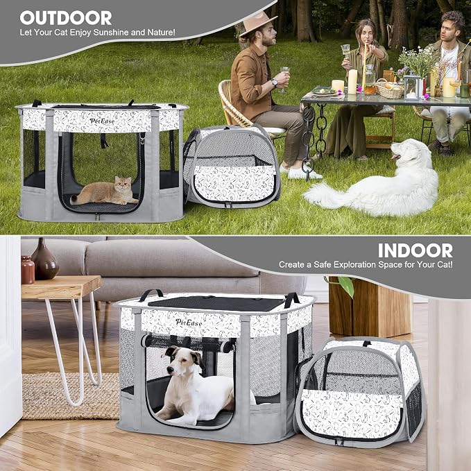 Portable Cat Playpen with Litter Box, Cat Enclosure for Camping, Cat Recovery Playpen After Surgery, Foldable Indoor Outdoor Pet Tent for Cats Rabbits Puppies (Light Gray)