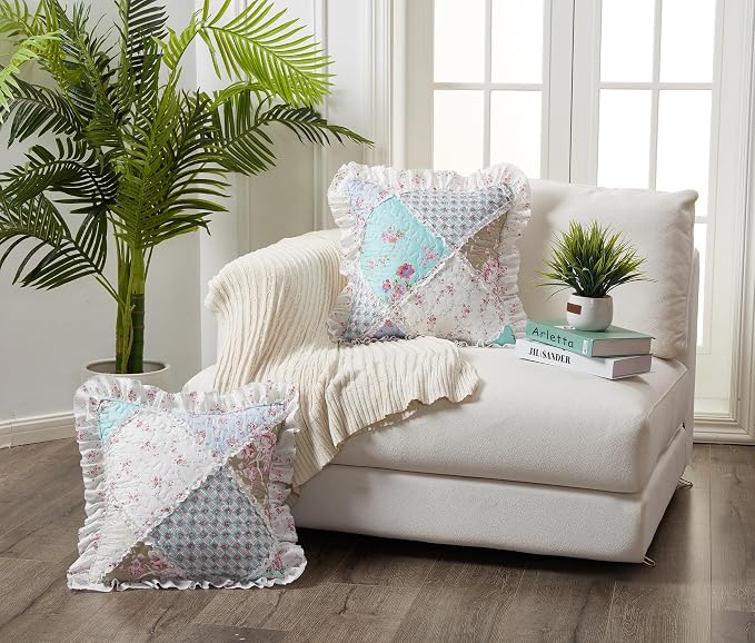 Brilliant Sunshine Blue & Green Roses Ruffle Pillowshams Set, 18"x18" | Patchwork Design with Ruffles, Quilted Pillow Covers, Washable Throw Cushion Cases for Couchs and Beds, Pack of 2