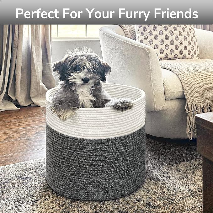 Goodpick Woven Blanket Basket Living Room, Toy Bin for Playroom, 45L | 15.8 x 15.8 x 13.8 In Storage Basket for Toys Shoes, Cute Baby Laundry Hamper for Towels, Clothes, Gray