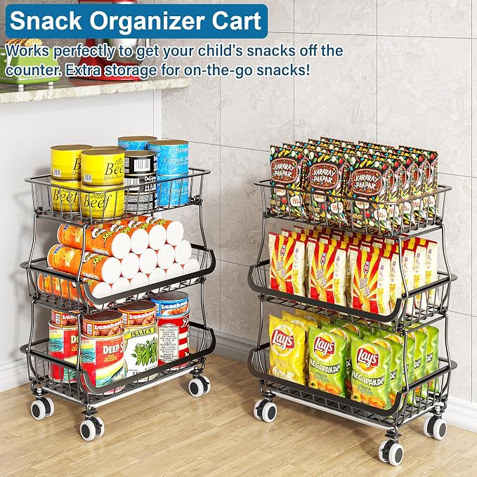 OKZEST 3-Tier Rolling Pantry Floor Organizers and Storage Cart with Wheels | Fits under pantry shelf, Stackable kitchen pantry baskets with dirt catch tray, Holds drink, snack, can, potato, onion, fruit