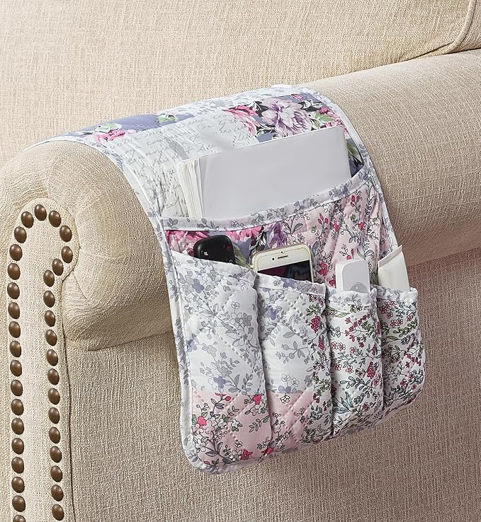 Brilliant Sunshine Blue & Pink Rose Toile Couch Armrest Cover, 35"×13" | Washable Magazine Holder, Armrest Organizer & Caddy on Sofa, Recliner, Armchair, Storage for Remote Controls, Phone, iPad
