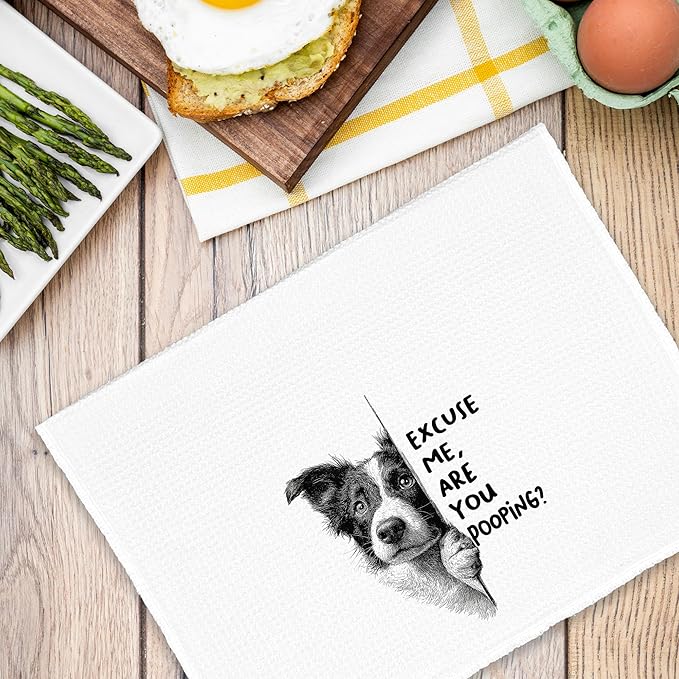 Funny Dog Border Collie Bathroom Towels, Cute Rustic Hand Kitchen Towels Gifts for Dog Lovers, are You Pooping Bar Dish Towel Decor for Dorm Bar Cafe 16x24in