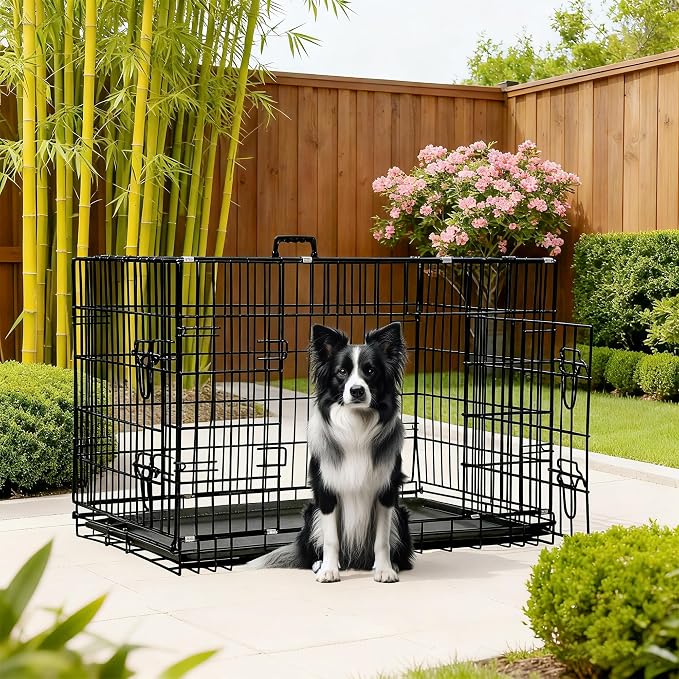 FDW Dog Crate 42-Inch Dog Cage Foldable Metal Kennel with Leakproof Tray Foldable Design Indoor Outdoor Use for Large Dogs,Dark Black