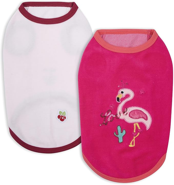 Blueberry Pet Pack of 2 Soft & Comfy Vacation Scene Flamingo Cotton Blend Dog Pajamas & Tank Top T Shirts, Back Length 14", Clothes for Dogs