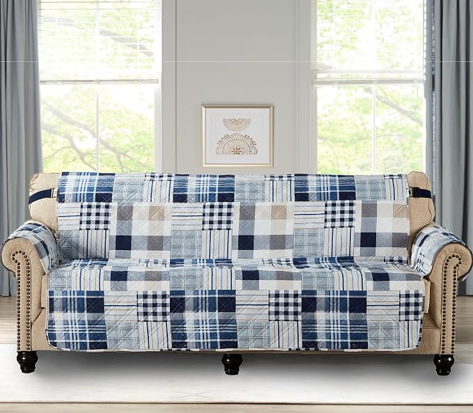 Brilliant Sunshine Blue Plaids & Stripes Patchwork Couch Cover, 78" seat | Quilted Sofa Cover, Living Room & Bedroom Furniture Protector, Extra Large Washable Slipcover for Pets, Dogs & Cats