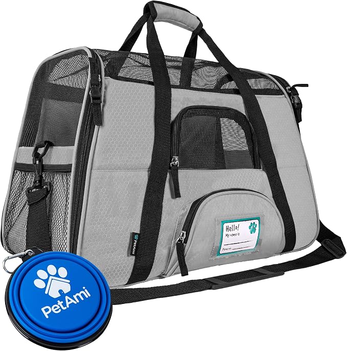 PetAmi Airline Approved Pet Carrier for Cats & Small Dogs, Large Light Gray | Soft Sided TSA Travel Bag, Sherpa Bed, Breathable Mesh Ventilation, Collapsible Bowl, Fits Under Seat, Up to 18 lbs