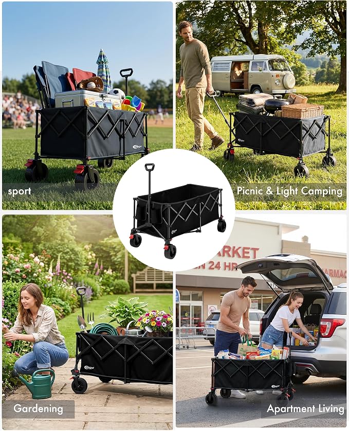 Portal Ultra Compact Folding Wagon Cart with Brakes, 300L Large Cart | Portable Outdoor Design; Durable Construction; Easy Setup & Storage; Color: Black