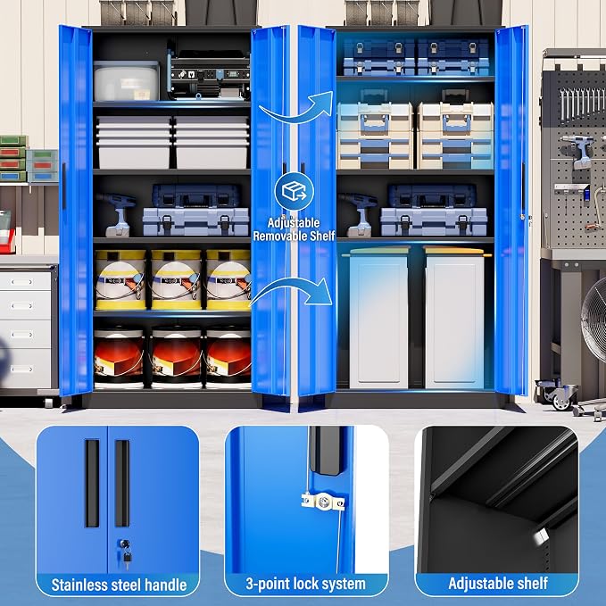 Greenvelly Metal Storage Cabinet with Doors and Shelves, 72" Inch Locking Metal Cabinet,Garage Storage Cabinet for Garage Office School Warehouse (Black Blue)