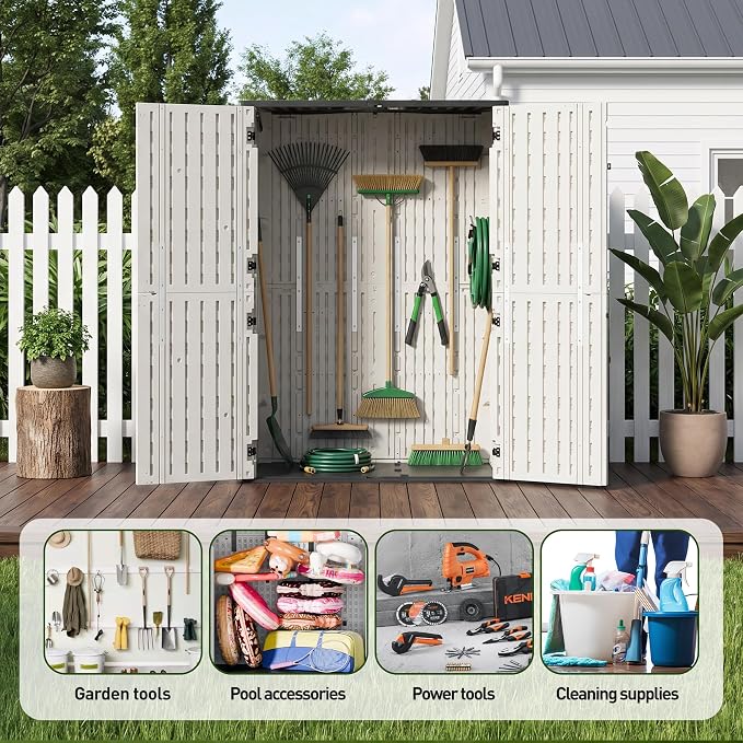 65 Cu.Ft Resin Outdoor Storage Shed with Floor, Weatherproof Plastic Vertical Outdoor Storage Cabinet for Garden Backyard Patio Pool Tool