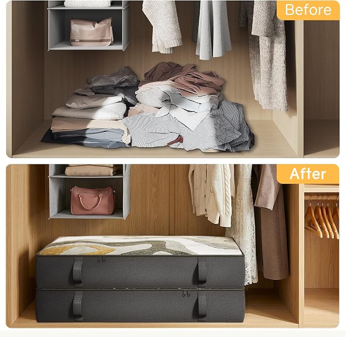 2-Pack Under Bed Storage Containers, 6 Inches Tall Clothes Storage, Black | High Side Collapsible Underbed Organizer Bin with Sturdy Sidewalls/Bottom, Cotton Linen Bins, For Seasonal Clothes & Bedding