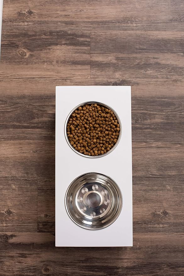 INTERNET'S BEST Modern Elevated Pet Feeder - Double Raised Stand w/Stainless Steel Bowls - Dog Food & Water Holder - Suitable for Medium Breeds - Pet Feeding Tray for Dogs, Cats - 2 Bowls - White