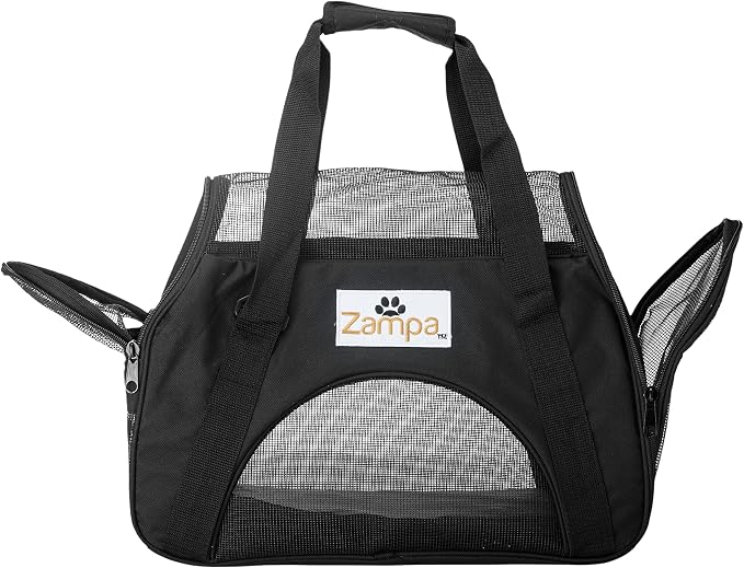 Airline Approved Soft Sided Pet Carrier by Zampa, Low Profile Travel Tote, Removable pad, Premium Zippers & Under Seat Compatibility, for Cats and Small Dogs (15" x 17" x 7", Black)