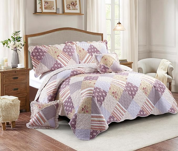 Brilliant Sunshine Pink Rosette & Stripes Ruffle Pillowshams Set, 18"x18" | Patchwork Design with Ruffles, Quilted Pillow Covers, Washable Throw Cushion Cases for Couchs and Beds, Pack of 2