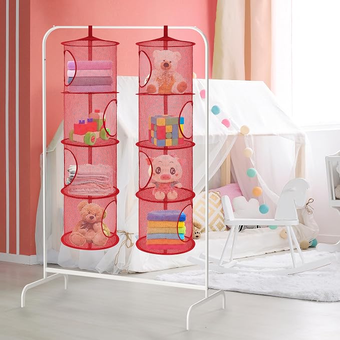 2Pcs Hanging Stuffed Animal Storage Hammock 4 Tiers, Red | Hanging Mesh Storage Organizer for Kids Room, Holds Plushies, Gloves, Hats, Socks, Foldable Space-saving Design