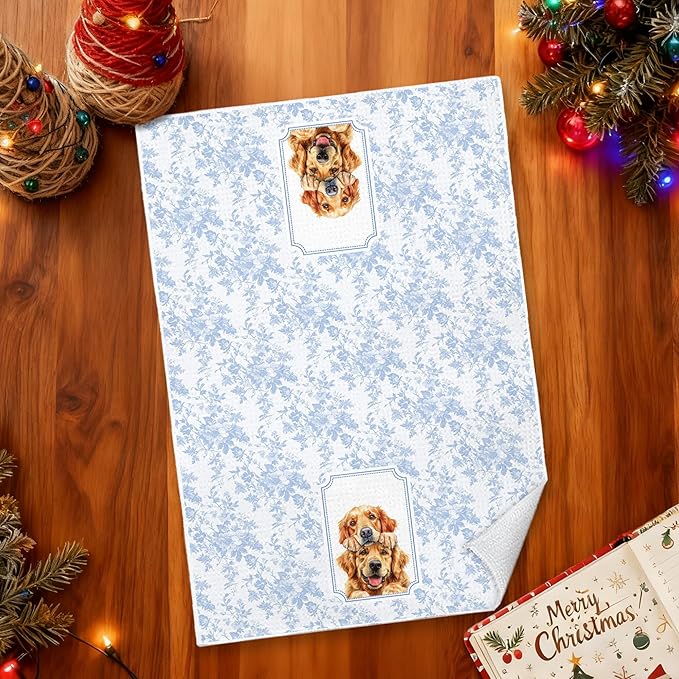 Blue and White Chinoiserie Golden Retriever Kitchen Towels 16x24 in, Gifts for Golden Retriever Lovers, Grandmillennial Toile De Jouy Dog Decorative Hand Tea Dish Towels for Bathroom Kitchen