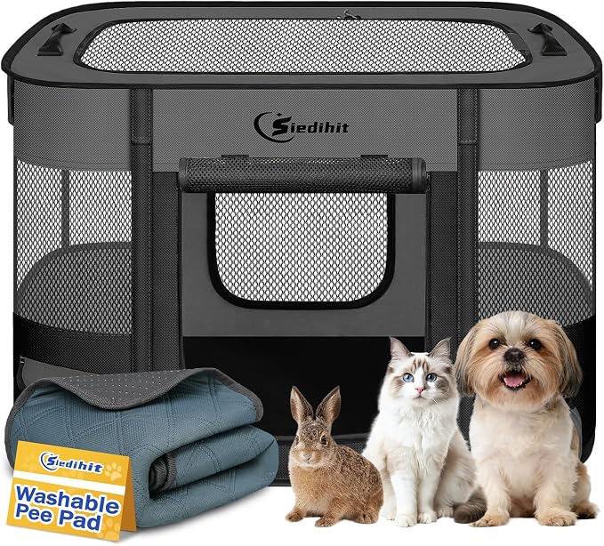Siedihit 28" Dog Playpen,Cat Puppy Pen, Pet Portable Crate Indoor Outdoor | Durable Travel Camping Use,Foldable Dog Kennel Tent Cage for Rabbit Small Animals with Carrying Case(Dark Grey with Pad,Small